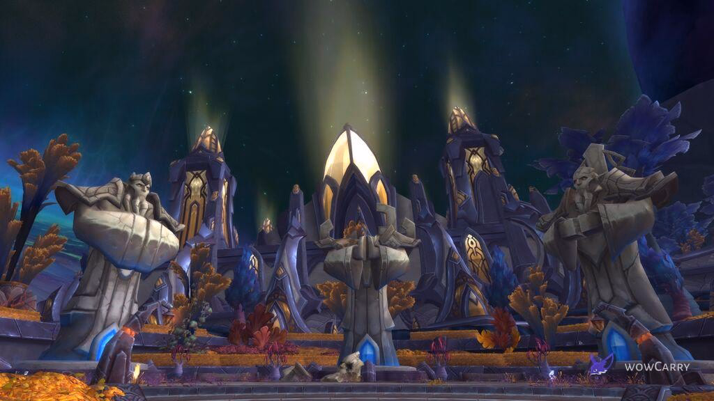 The Mac'Aree triumvirate statues of Velen, Archimonde, and Kil'jaeden on Argus, the lore namesake of the Seat of the Triumvirate dungeon