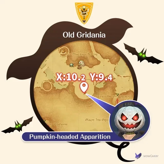 Square Enix map marking the Pumpkin-headed Apparition in Old Gridania at X10.2 Y9.4