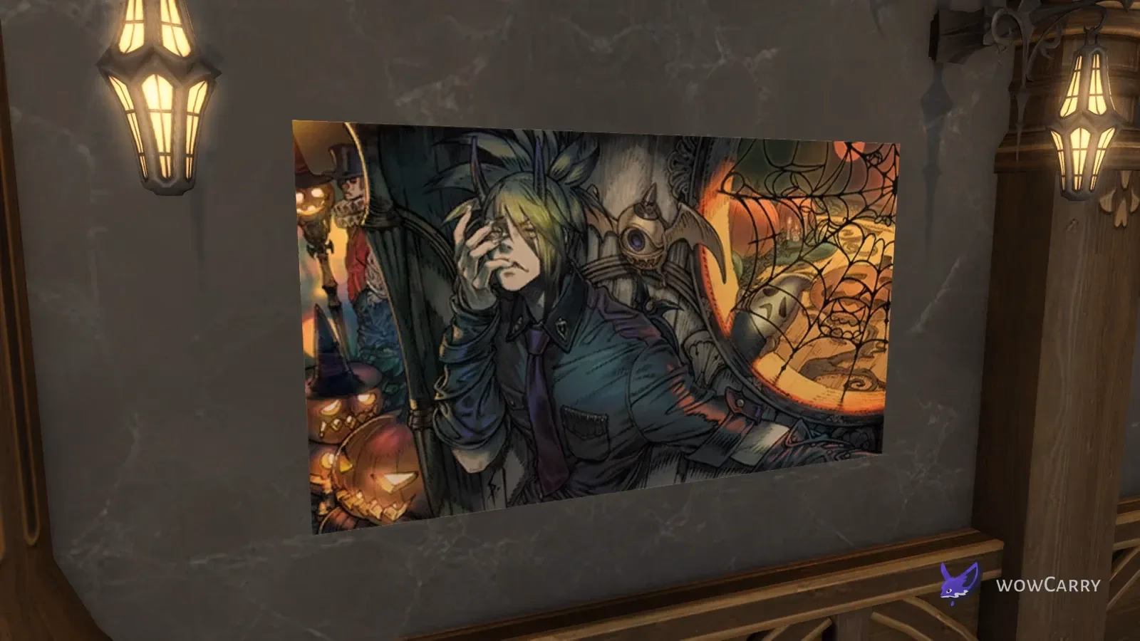 All Saints’ Wake poster displayed on an interior wall between hanging lanterns in FFXIV