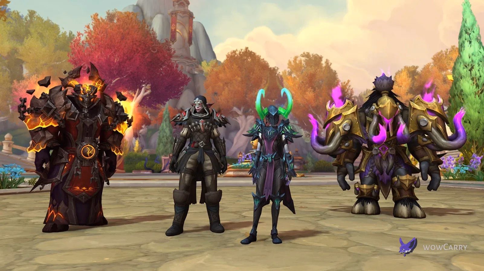 WoW Midnight Season 1 class tier set armor group render with Quel Danas-style scenery