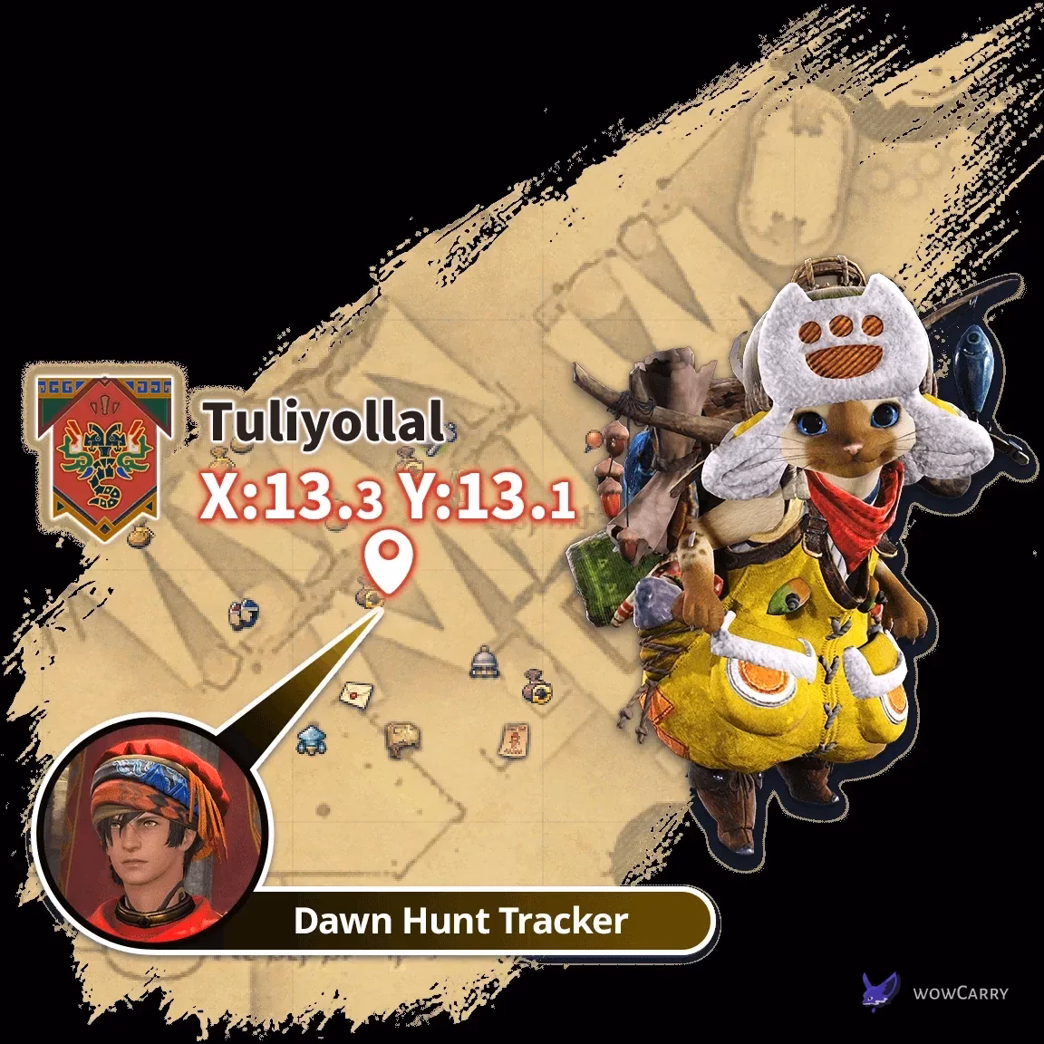 Square Enix map marking the Dawn Hunt Tracker at Tuliyollal X13.3 Y13.1 to start The White Wanderer
