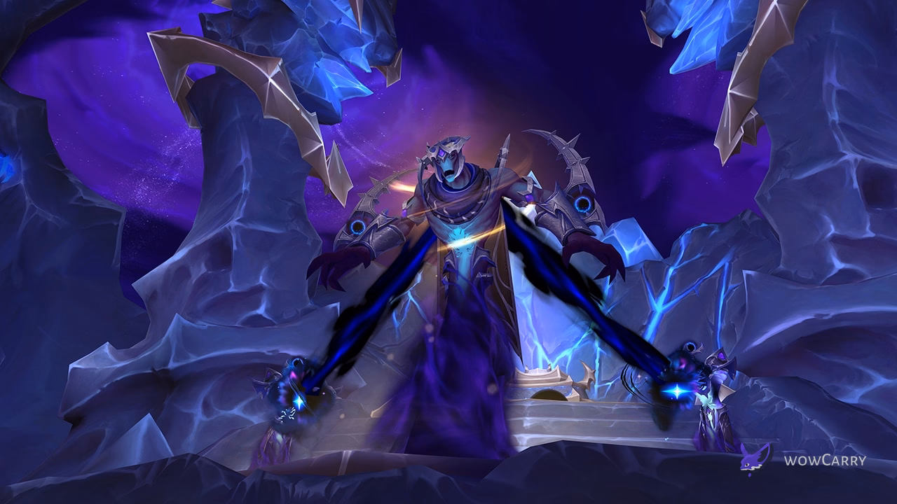 Interior of the Nexus-Point Xenas dungeon in WoW: Midnight, a void-corrupted crystalline arena in the Voidstorm zone