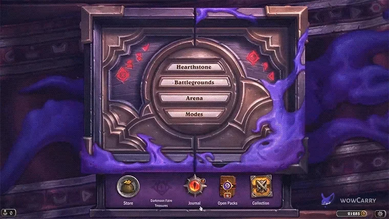 Hearthstone main menu with the Journal button in the bottom row
