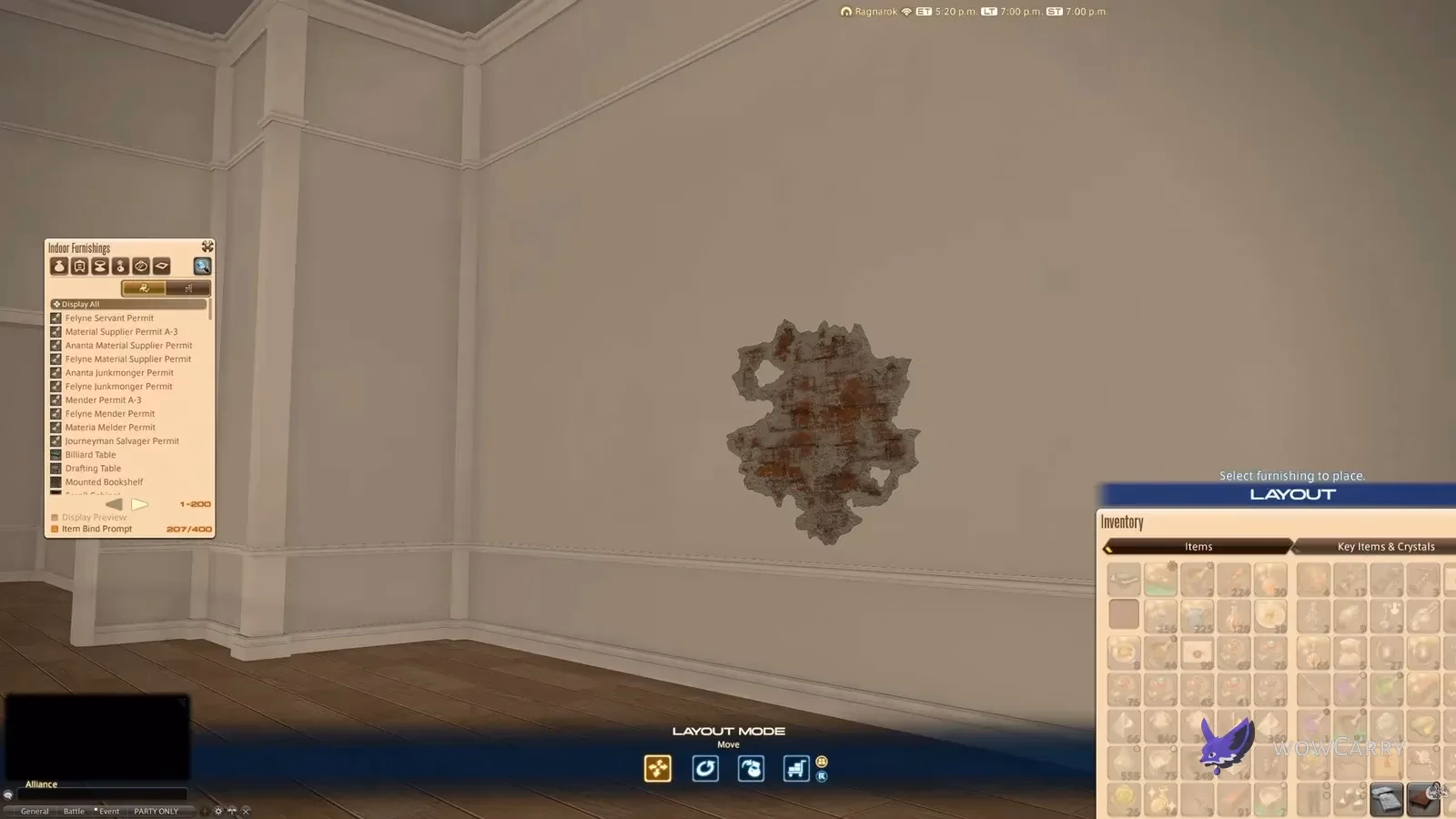 FFXIV housing placement view showing a Peeling Wallpaper Sticker as a patch of exposed brick on a pale wall