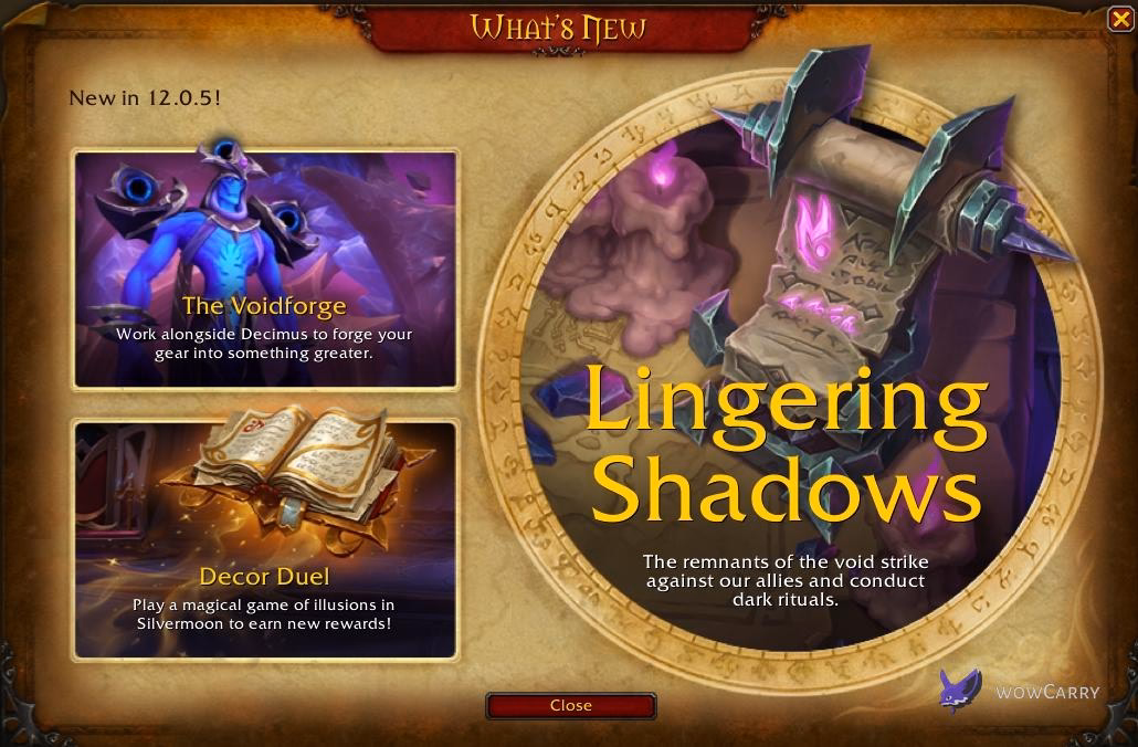 Patch 12.0.5 Lingering Shadows splash showing The Voidforge and Decor Duel