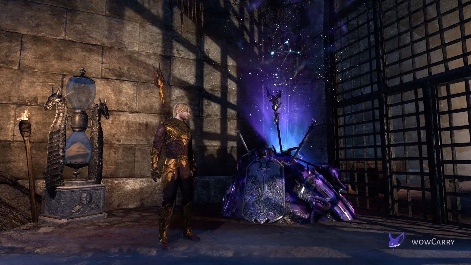 ESO adventurer beside the glowing pile used for Meted Misfortunes