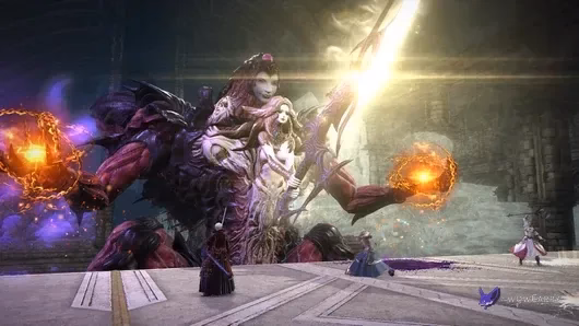 Official FFXIV Final Verse Quantum gameplay image showing the towering light-and-dark encounter against four adventurers